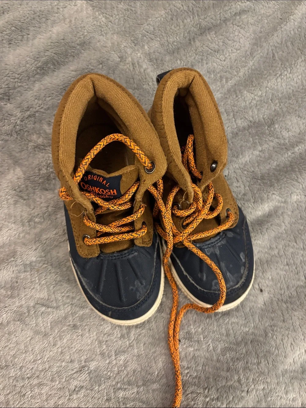 OshKosh B'gosh Brown & Navy Kids Duck Boots with Orange Laces